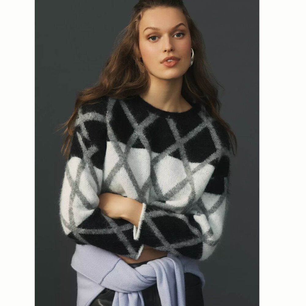 Lili Sidonio Anthropologie Plaid Fuzzy Sweater Grey Black White Boxy Cropped XS